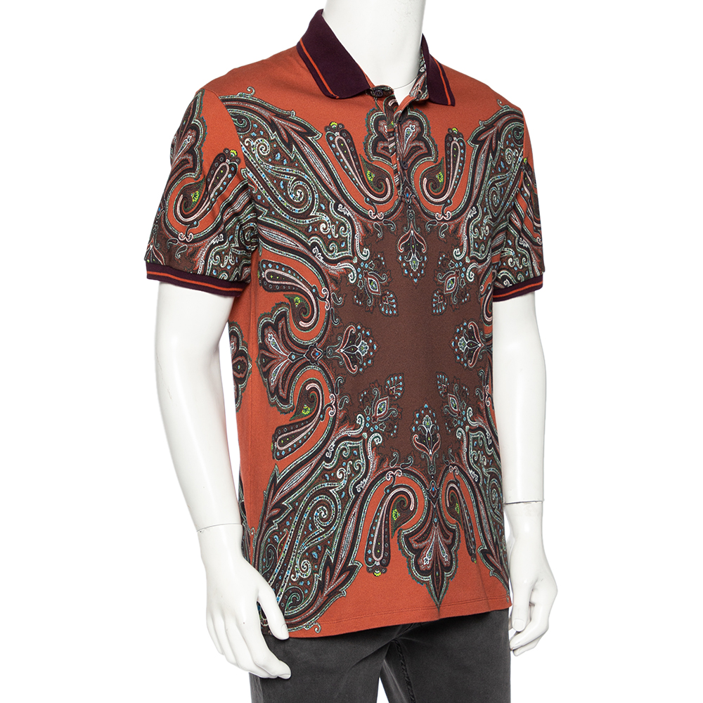 

Etro Burnt Orange Paisley Print Cotton Contrast Trim Detail T-Shirt, Multicolor
