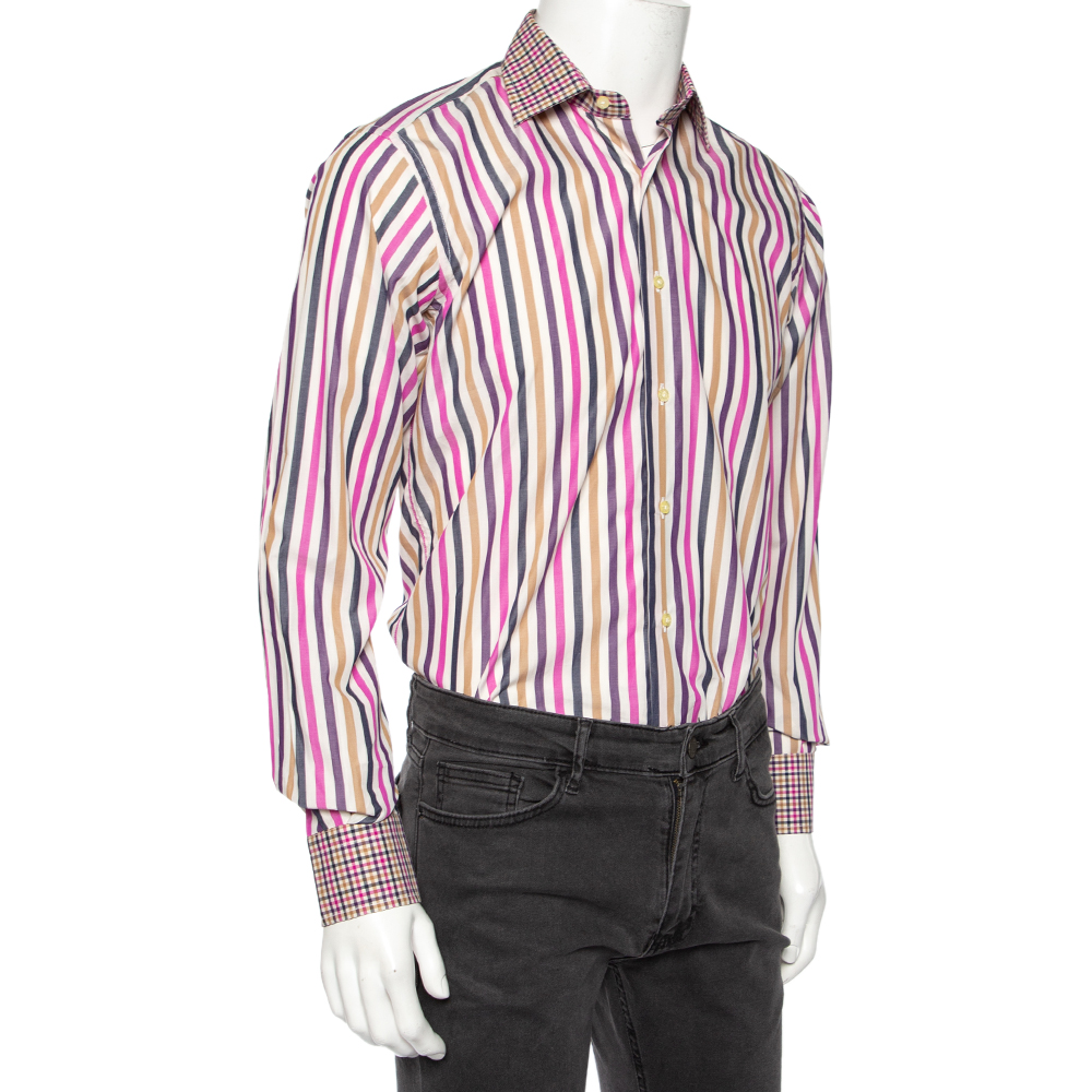 

Etro Multicolored Striped Cotton Contrast Collar & Cuff Detail Slim Fit Shirt, Multicolor
