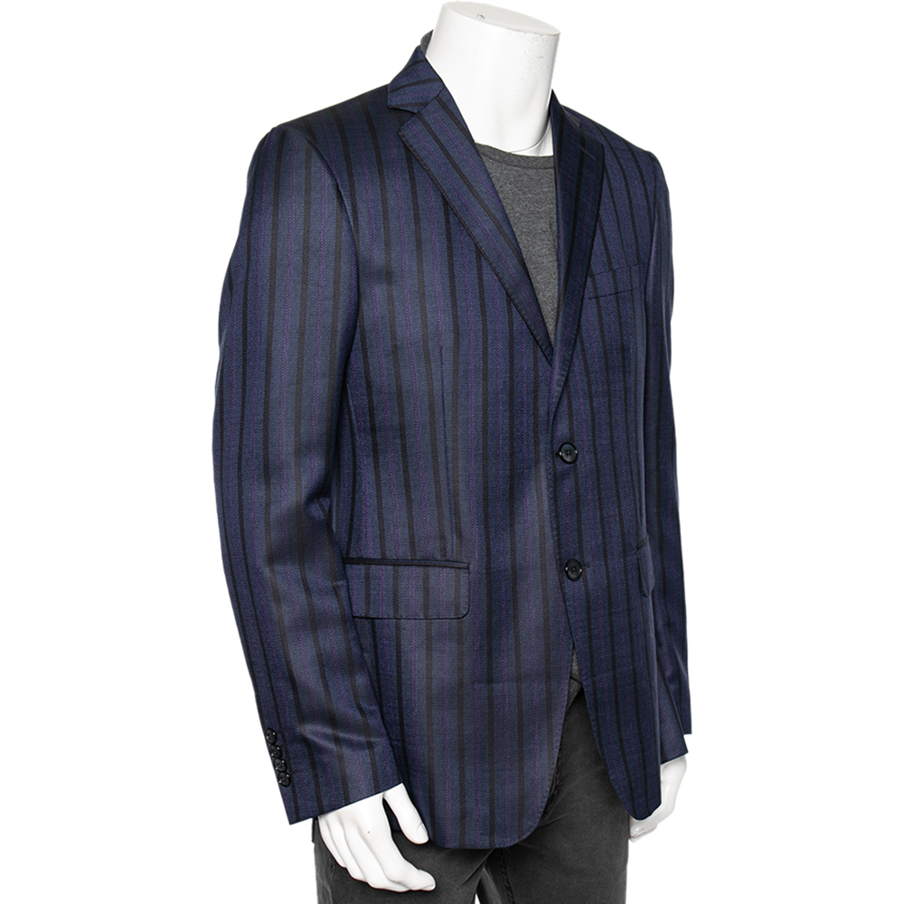 

Etro Navy Blue Striped Wool Silk Blend Mineide Regular Fit Blazer