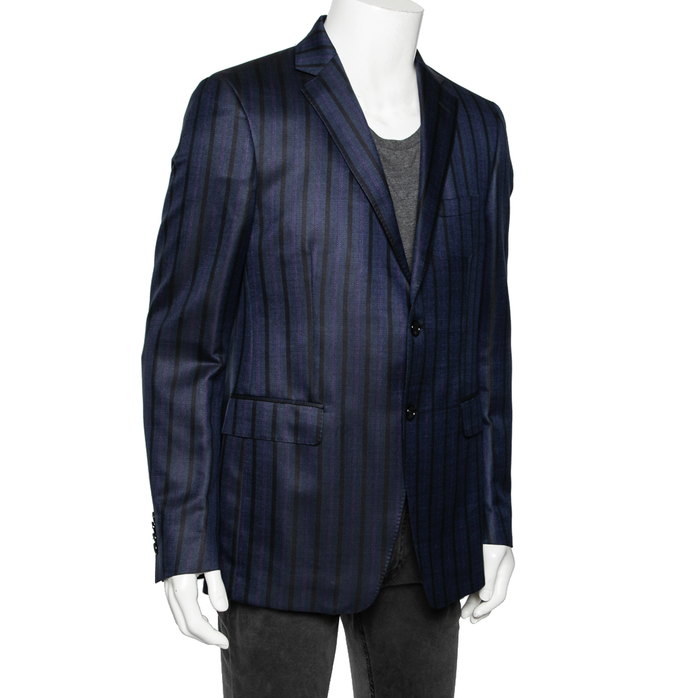 

Etro Navy Blue Striped Wool Silk Blend Mineide Regular Fit Blazer