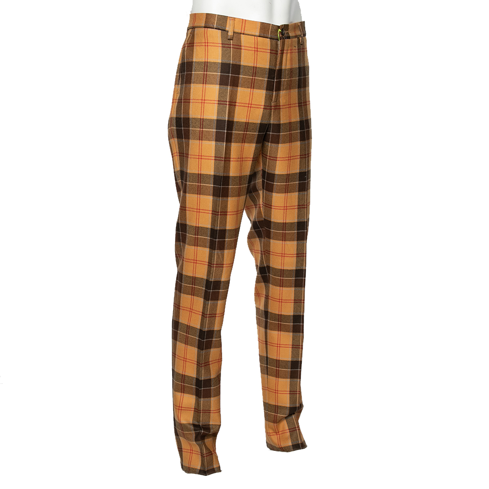 

Etro Tan Brown Plaid Checked Wool Cuba Slim Fit Trousers