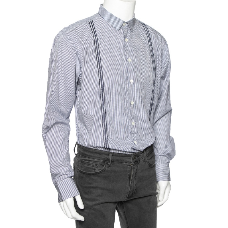 

Etro Blue Striped Cotton Embroidered Detail Button Front Shirt