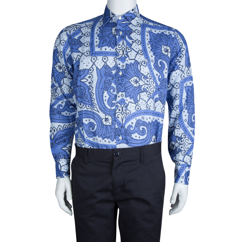 

Etro Blue Floral Printed Linen Long Sleeve Button-Down Shirt