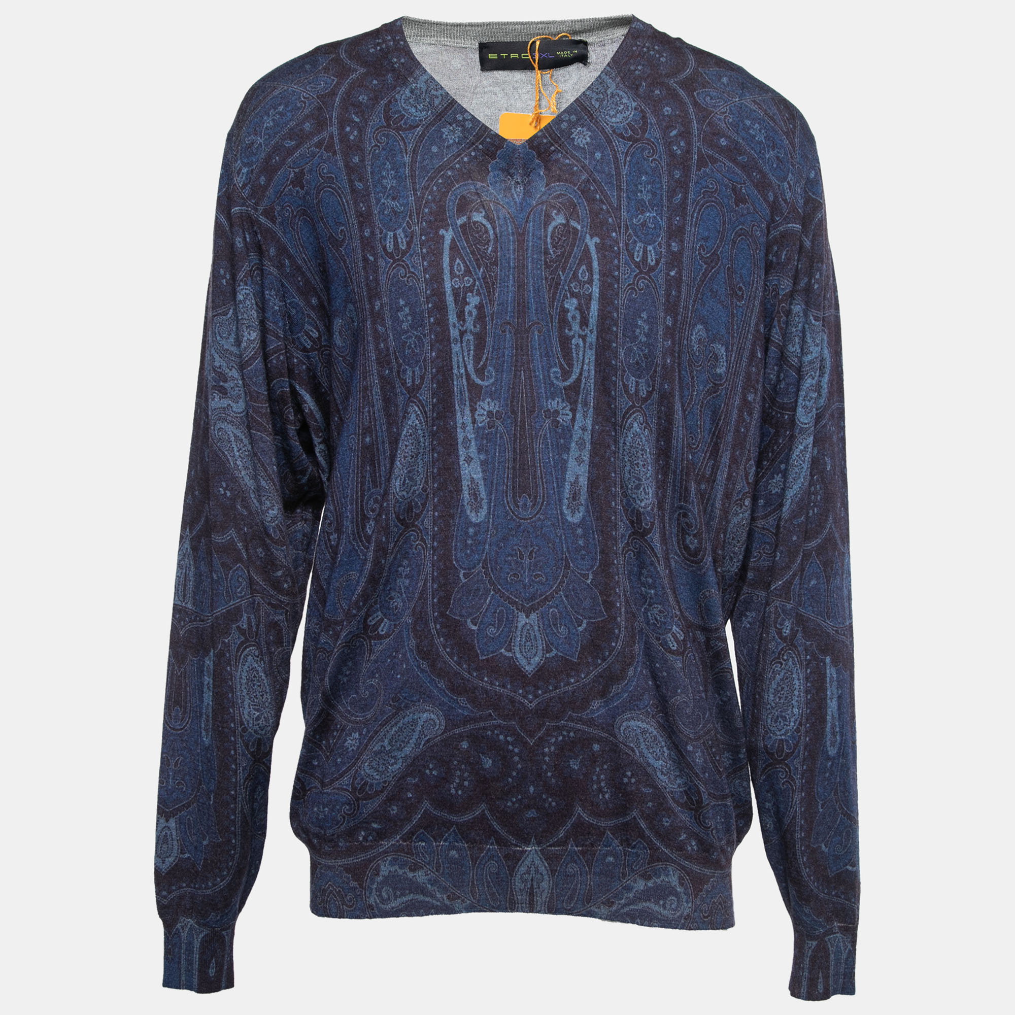 Pre-owned Etro Blue Paisley Patterned Wool V-neck Sweater 3xl