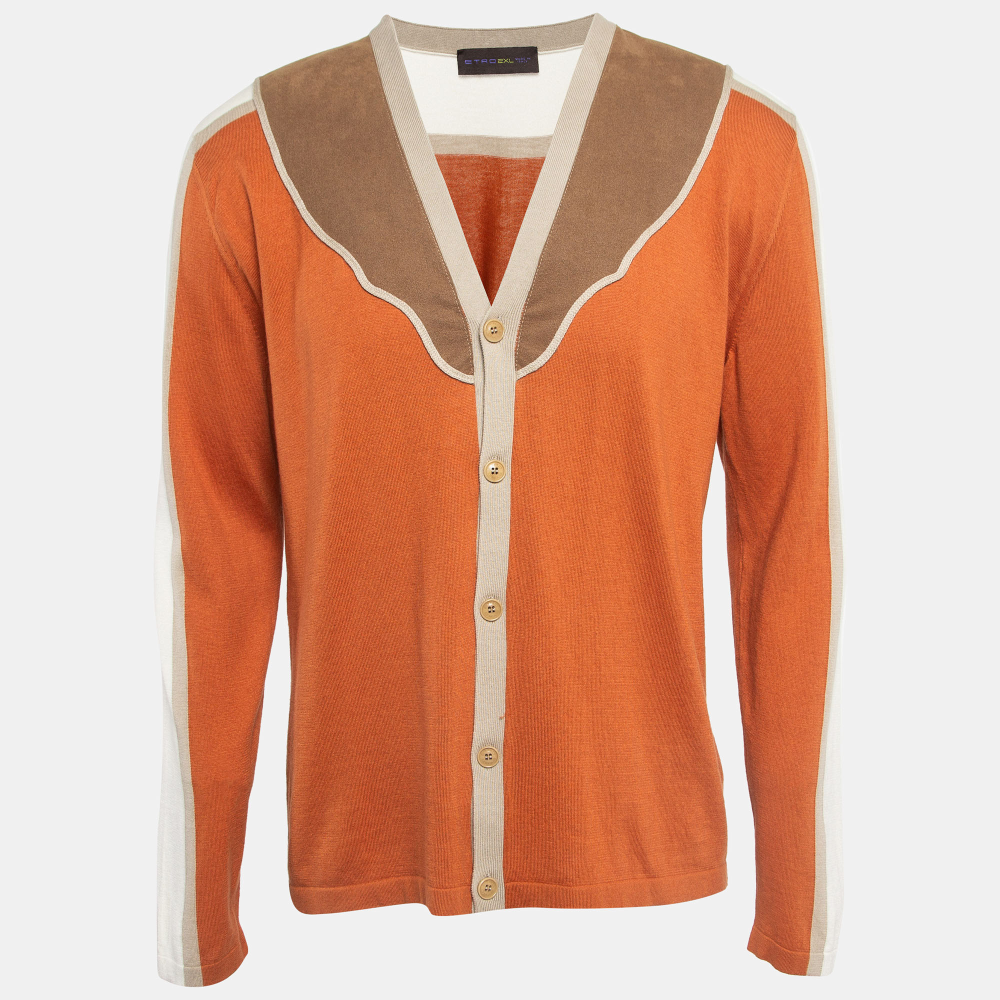 

Etro Orange Faux Suede Trim Knit Panel Detail Button Front Cardigan