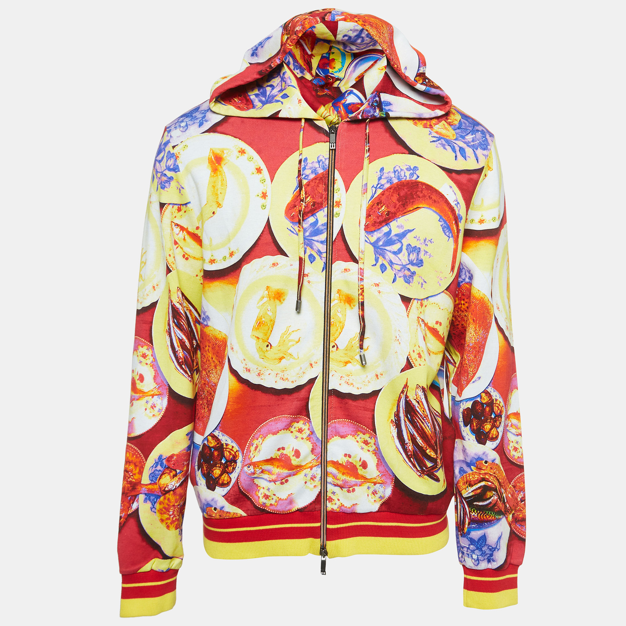 

Etro Red Seafood Print Cotton Knit Hooded Jacket XL