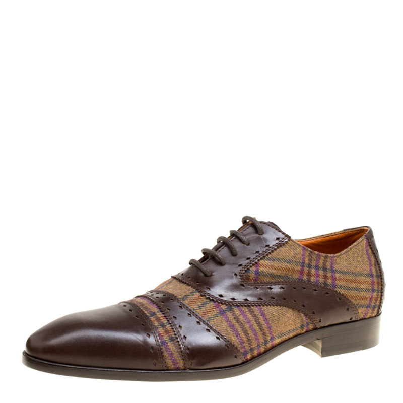 Pre Owned Etro Brown Leather and Checkered Tweed Lace Up Oxfords Size 40.5