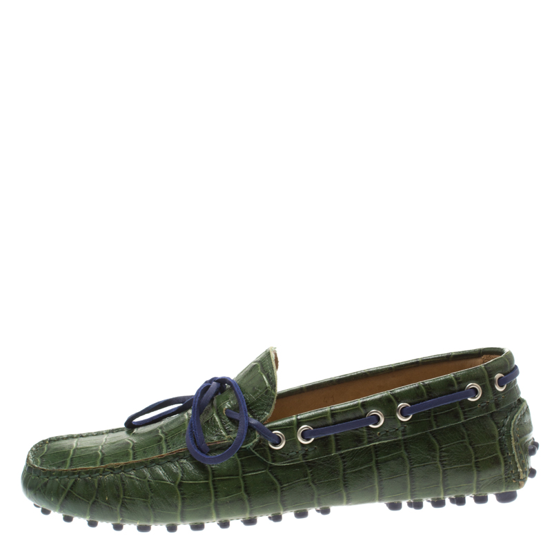 

Etro Green Croc Embossed Leather Bow Loafers Size