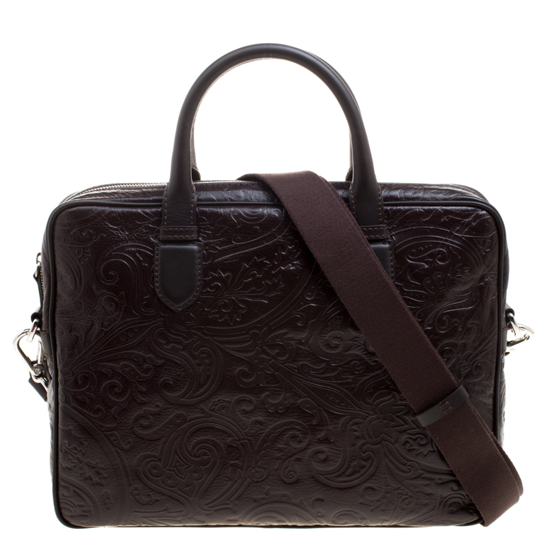 Etro Brown Paisley Embossed Leather Laptop Bag
