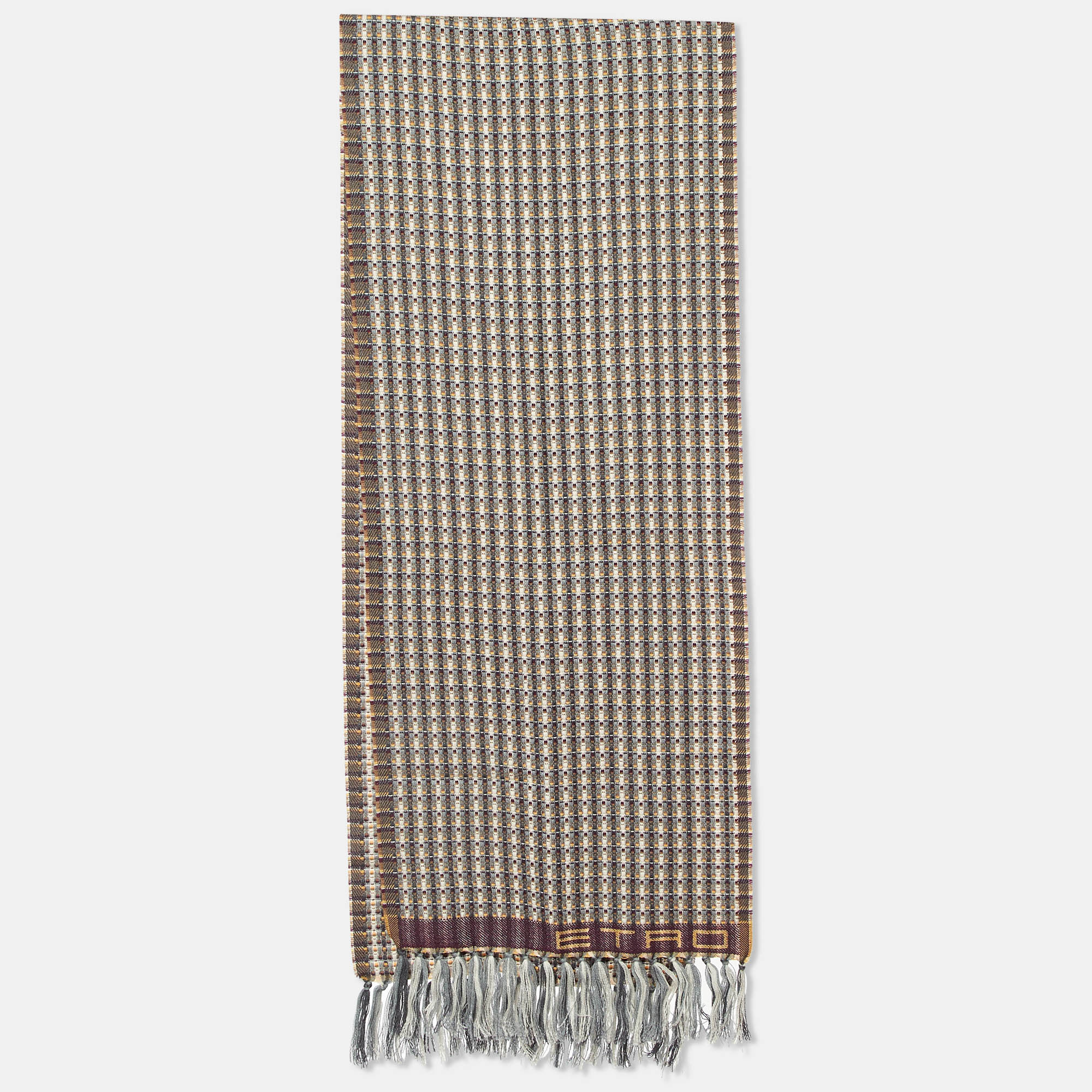 Pre-owned Etro Grey Textured Wool Fringed Muffler