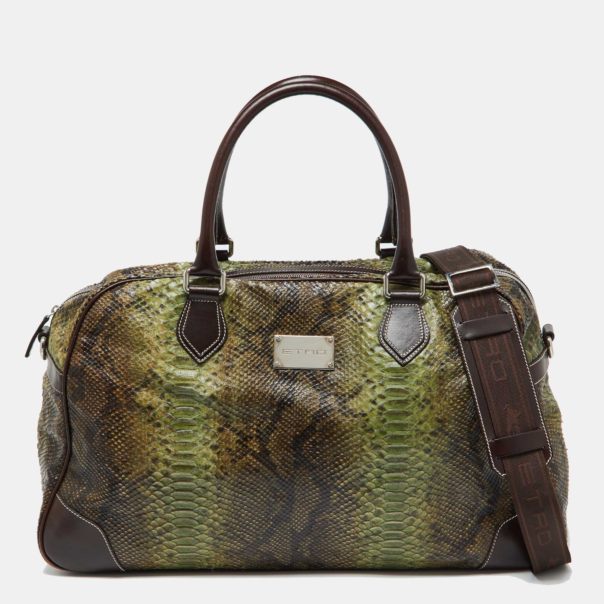 

Etro Green/Brown Python Effect Leather Duffel Bag