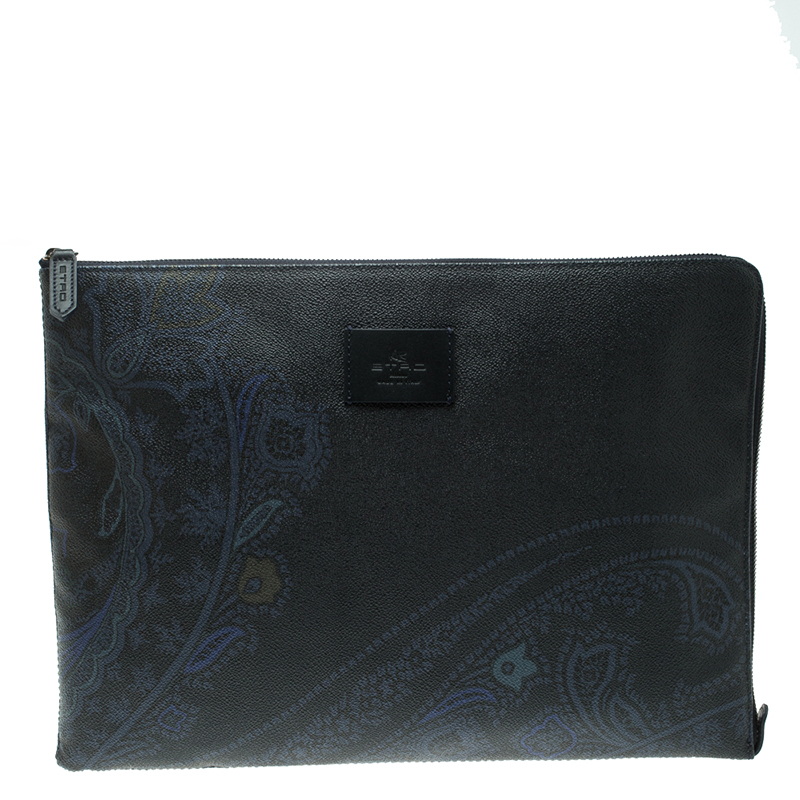 Etro Navy Blue Paisley Printed Coated Canvas Document Holder
