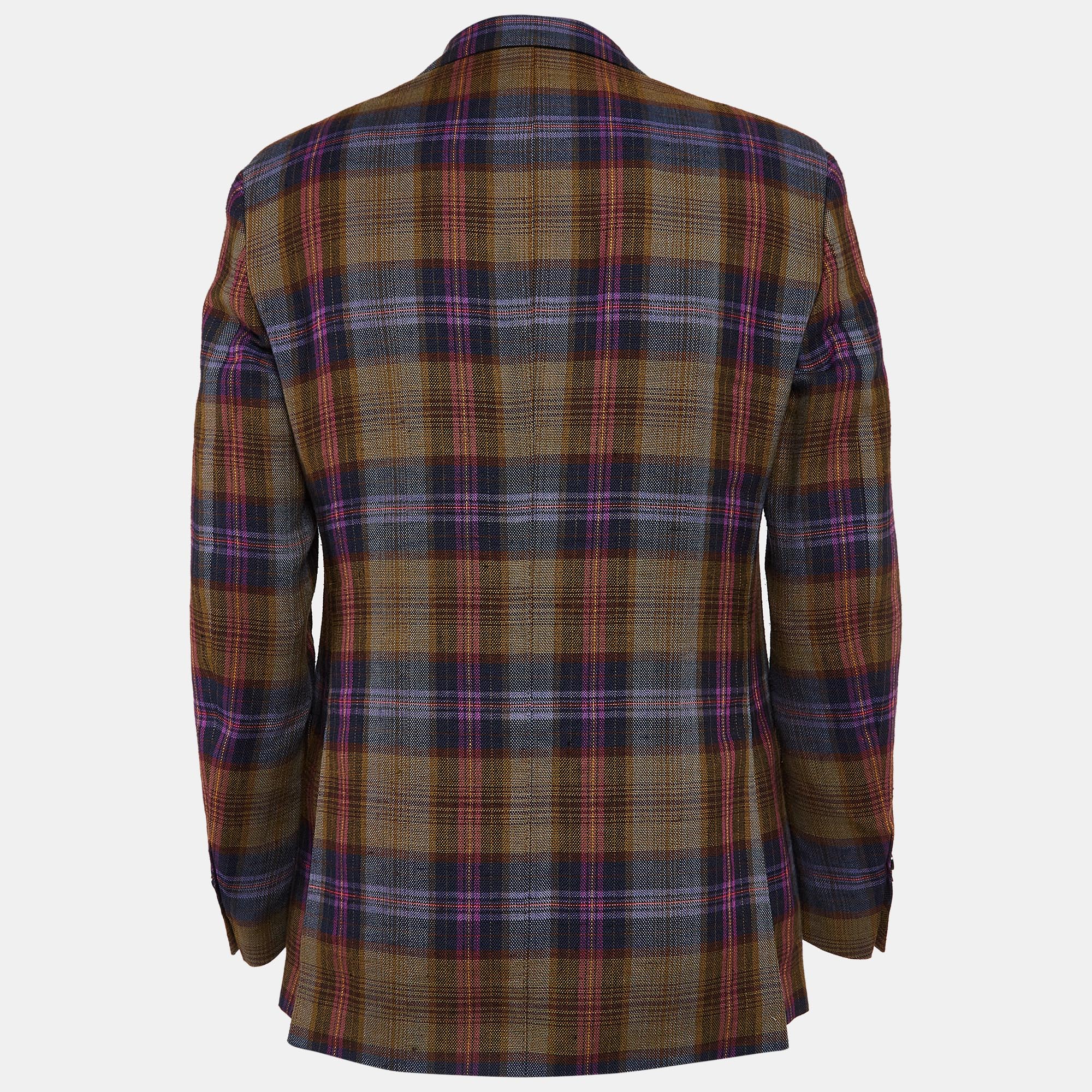 Etro Multicolor Plaid Linen Blend Blazer M 