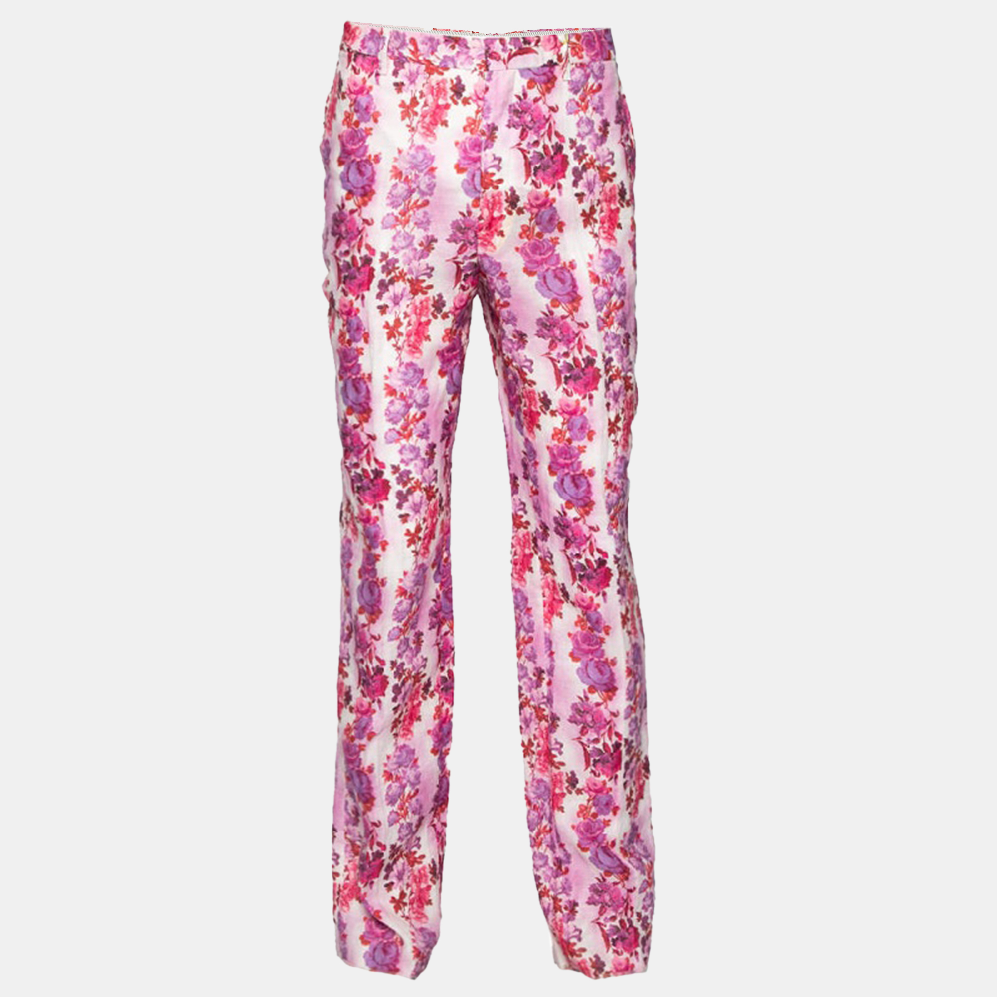 Pre-owned Etro Multicolor Floral Printed Linen Straight Fit Pants Xxl In Pink