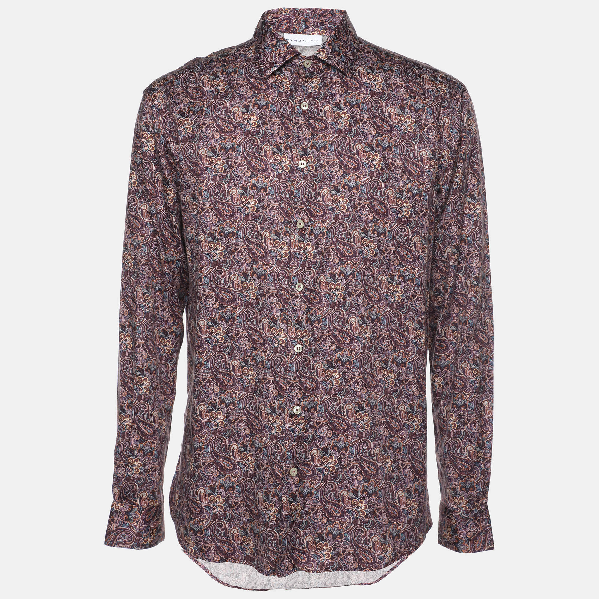 Pre-owned Etro Multicolor Print Cotton Blend Button Front Full Sleeve Shirt L In Brown