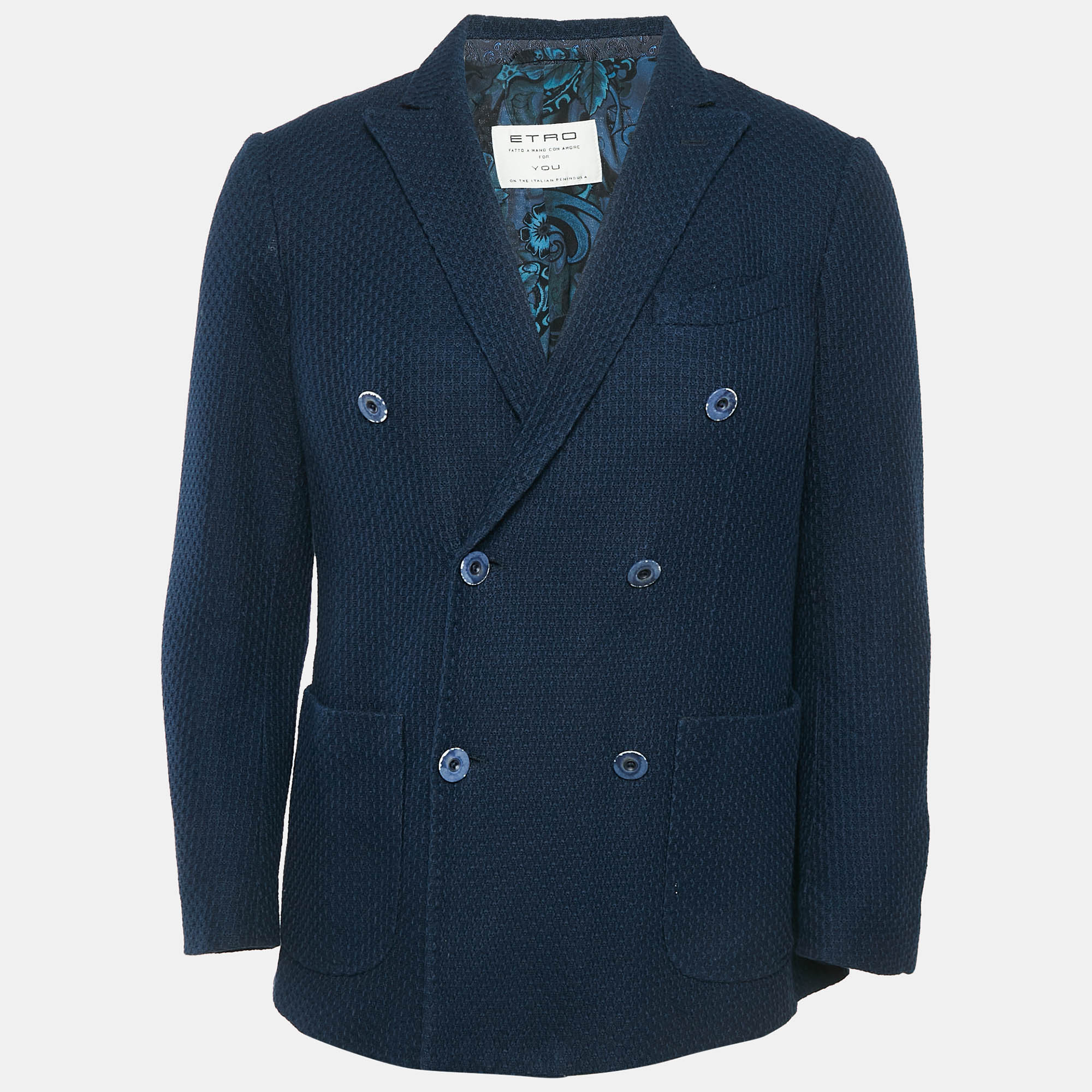 

Etro Navy Blue Patterned Cotton Double Breasted Jacket L