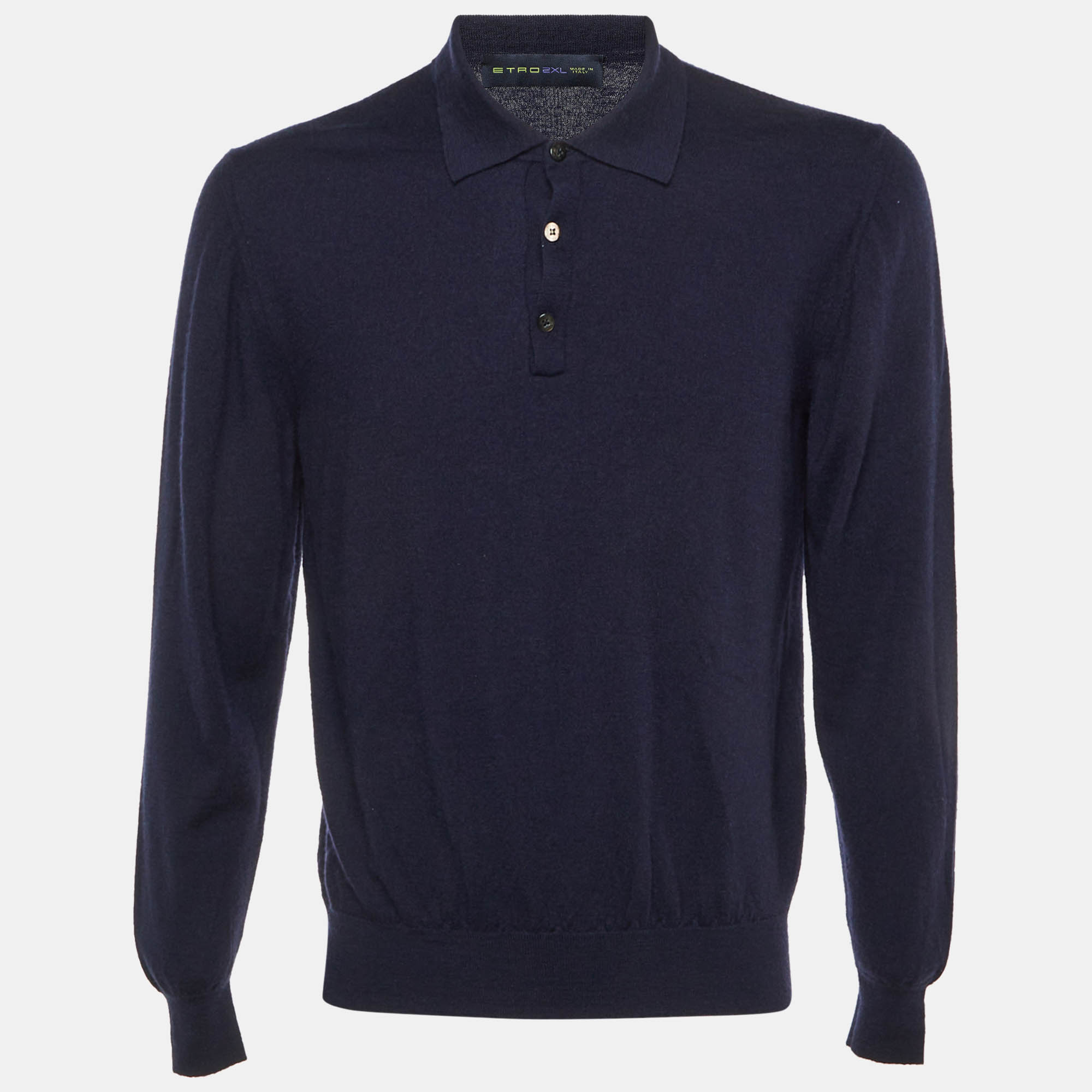 

Etro Navy Blue Cashmere Long Sleeve Polo Sweater 2XL
