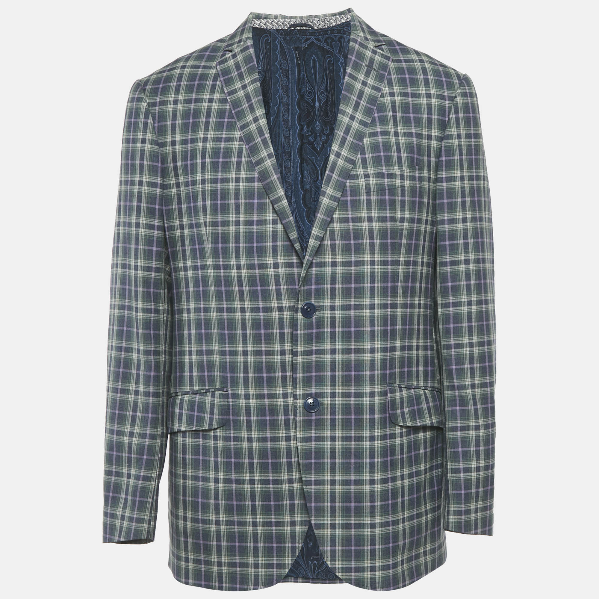 

Etro Blue/Green Plaid Wool Superleggera Blazer XXL