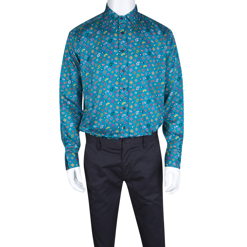 

Etro Blue Paisley Printed Cotton Long Sleeve Button Front Shirt