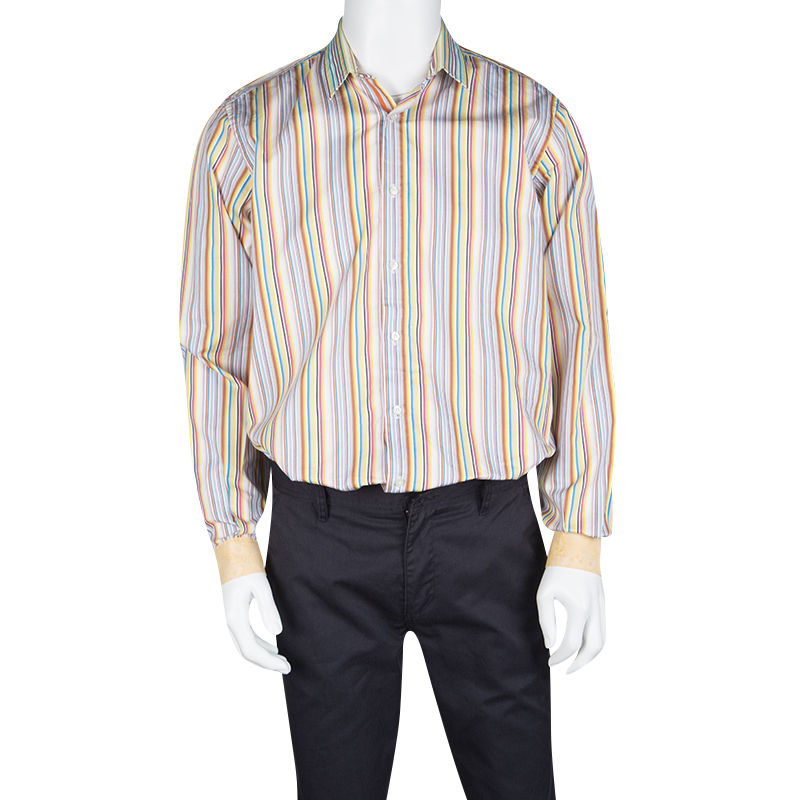 Pre-owned Etro Multicolor Striped Cotton Contrast Cuff Detail Long Sleeve Shirt L