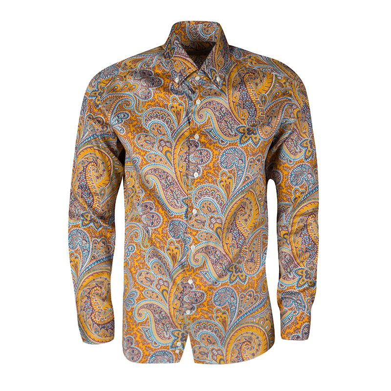 مملوكة مسبقًا قميص إيترو أزرار أمامية أكمام طويلة قطن طباعة بيزلي متعدد الألوان M