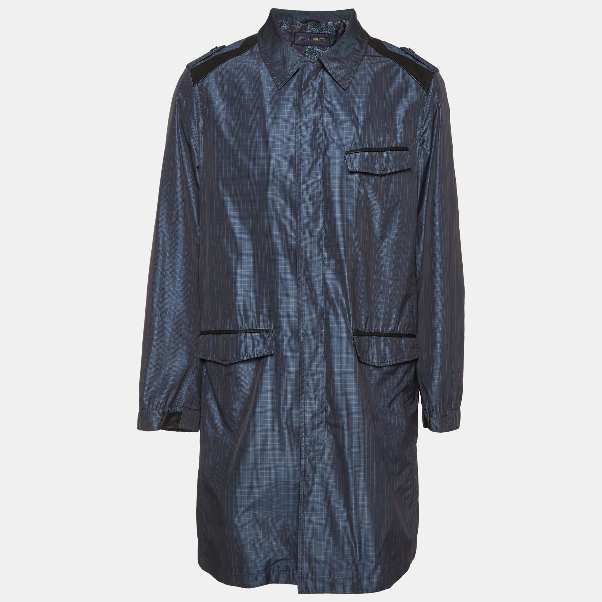 

Etro Blue/Grey Check Synthetic Leather Trim Coat XXL