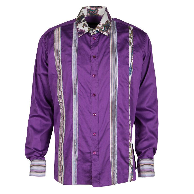 Pre Owned Etro Purple Pleat Detail Long Sleeve Button Front Cotton Luca Shirt L