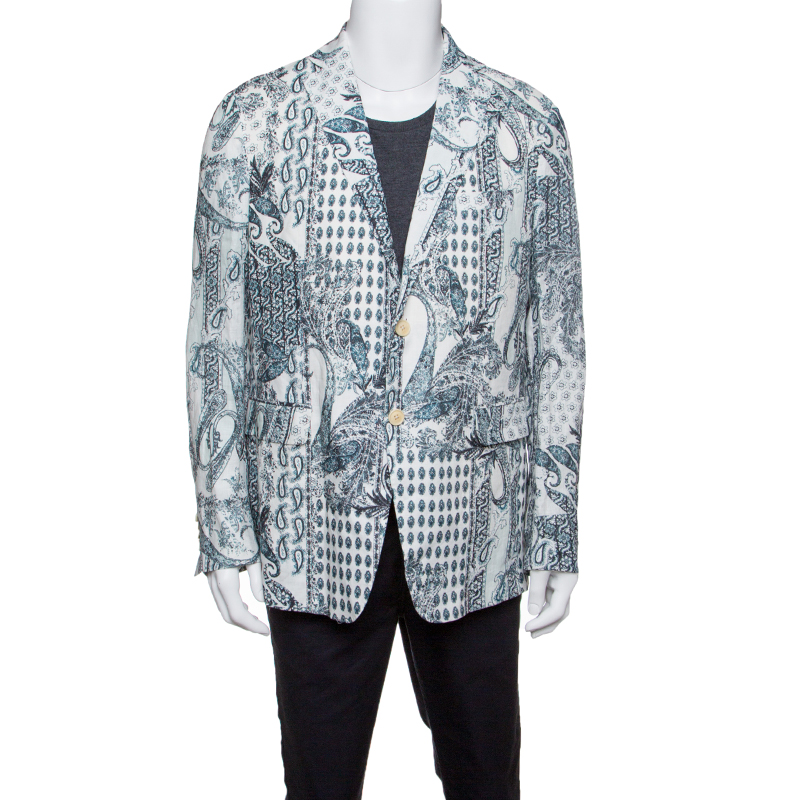 Pre Owned Etro Off White Paisley Printed Linen Blazer L