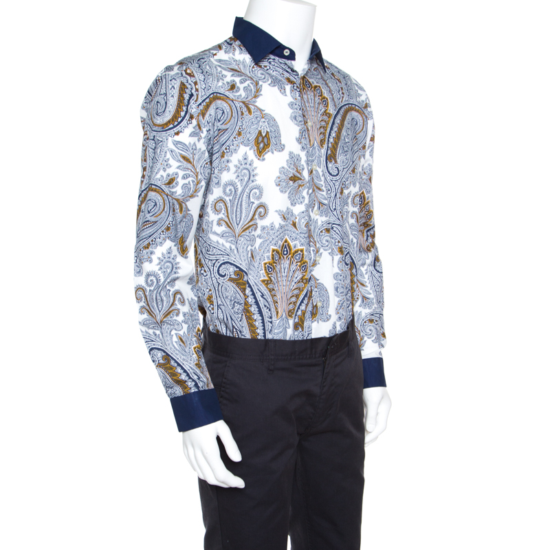 

Etro Paisley Print Cotton Contrast Collar and Cuff Detail Button Front Shirt, Multicolor