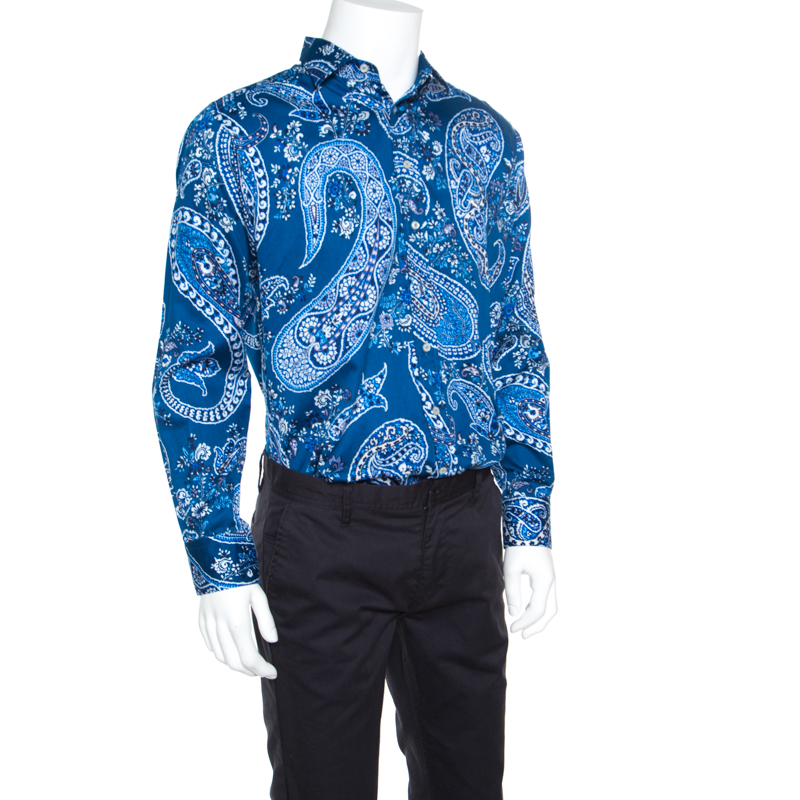 

Etro Blue Cotton Paisley Printed Long Sleeve Button Front Shirt