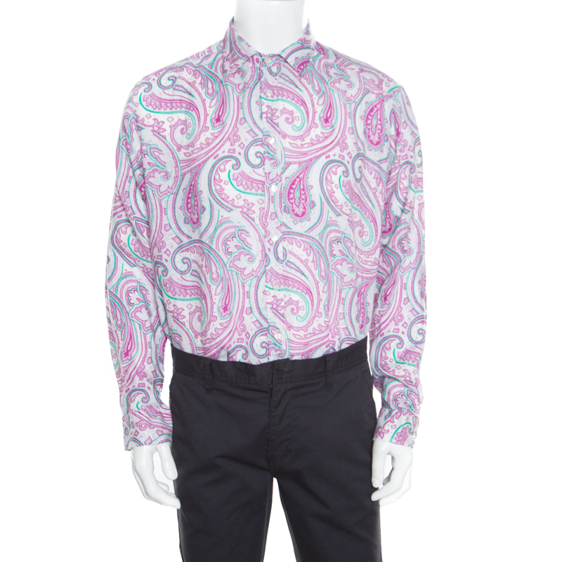 Pre Owned Etro Pink Paisley Printed Linen Long Sleeve Button Front Shirt XL