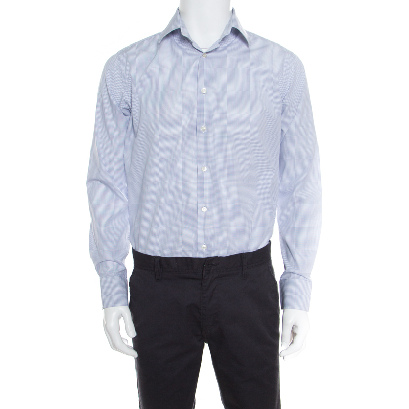 

Etro White and Blue Checked Cotton Long Sleeve Button Front Shirt