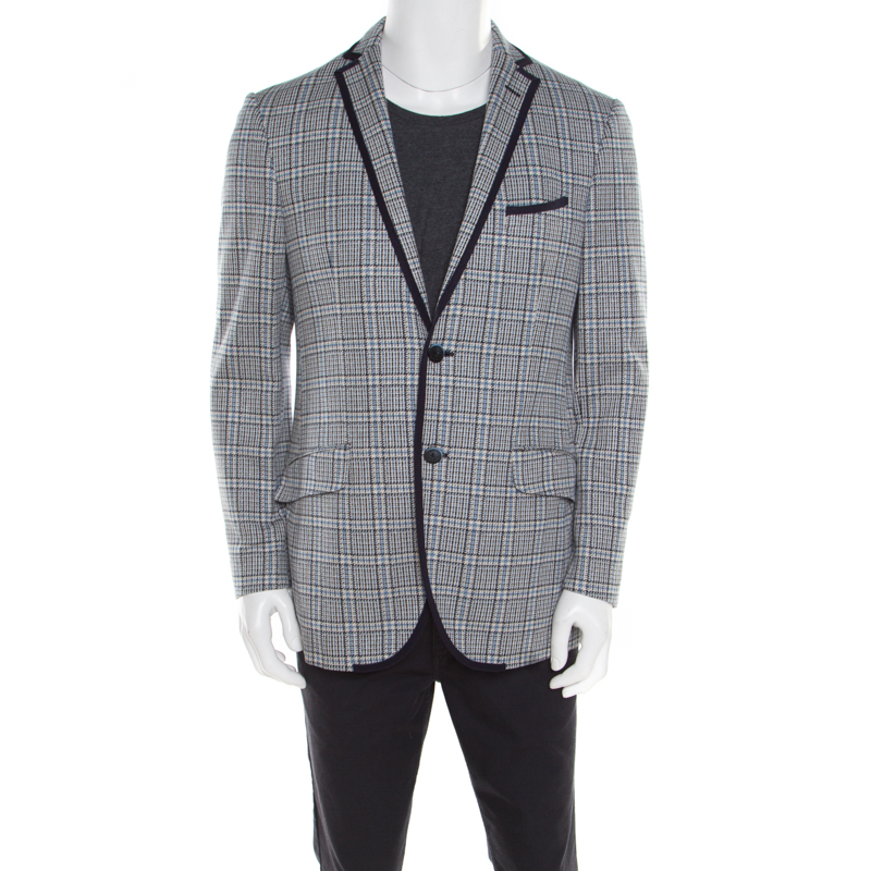 Pre Owned Etro Blue Glen Plaid Checked Linen and Cotton Superlegger Blazer XL