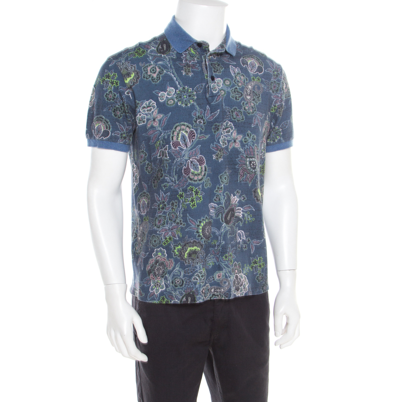 

Etro Blue Floral Printed Honeycomb Knit Polo T-Shirt