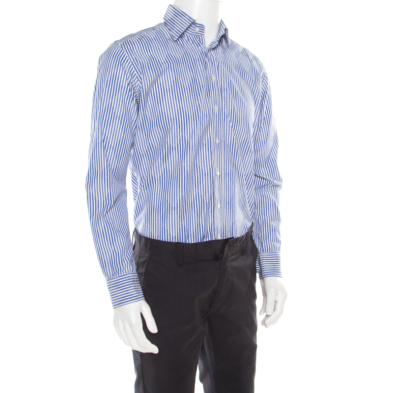 

Etro Blue and White Striped Argyle Pattern Cotton Jacquard Long Sleeve Shirt