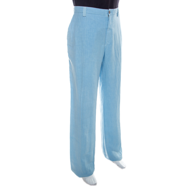 

Etro Light Blue Linen Straight Fit Trousers 3XL