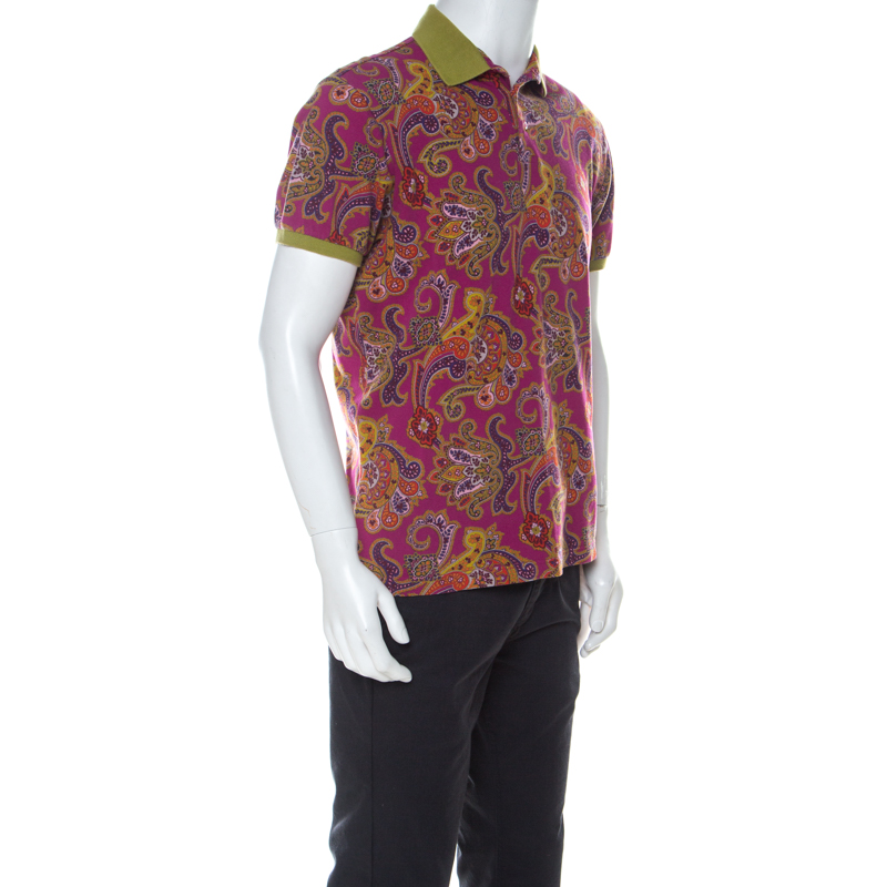 

Etro Pink Paisley Print Cotton Contrast Collar Polo Shirt