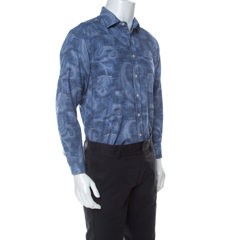 

Etro Blue Paisley Print Cotton Long Sleeve Button Front Shirt