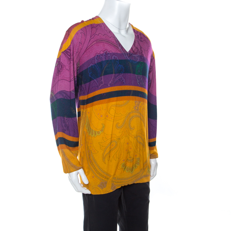 

Etro Multicolor Paisley Print Cotton Knit V-Neck Sweater 2XL