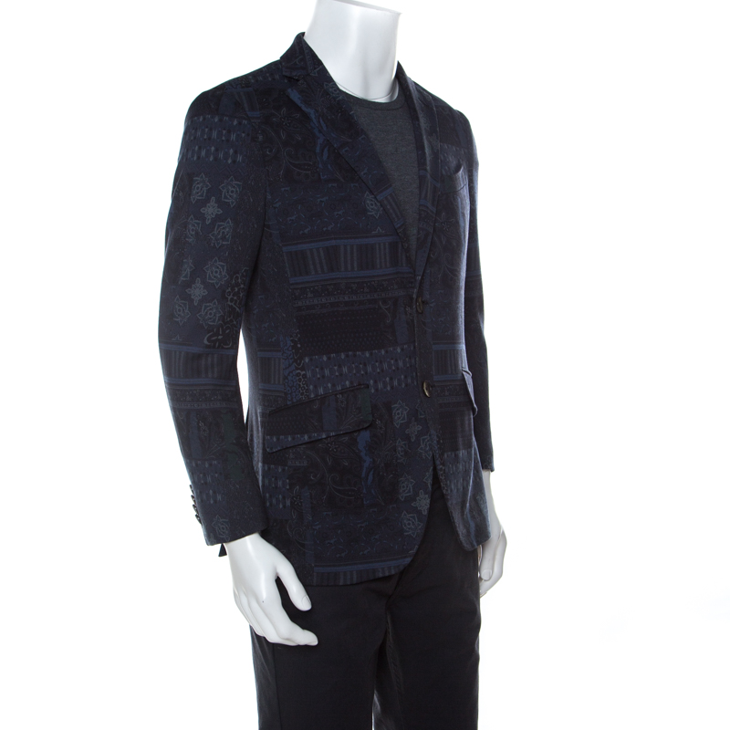 

Etro Blue Printed Cotton Blend Nuovo Jersey Blazer, Navy blue