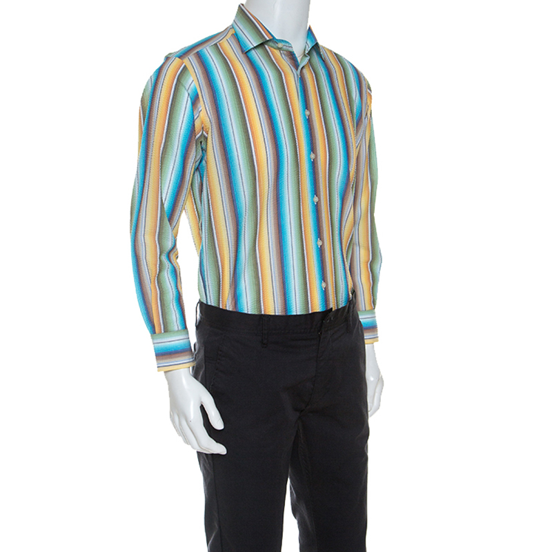 

Etro Multicolor Striped Seersucker Button Front Shirt