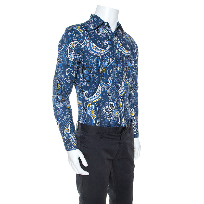 

Etro Blue Cotton Paisley Printed Long Sleeve Button Front Shirt