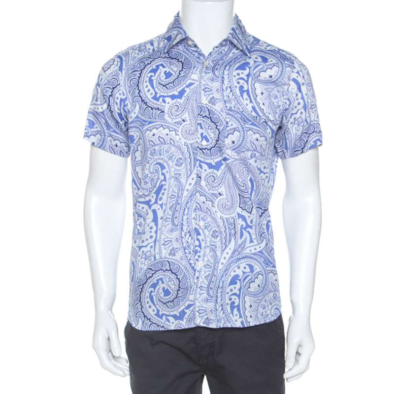 Pre Owned Etro Blue Paisley Print Cotton Short Sleeve Shirt M