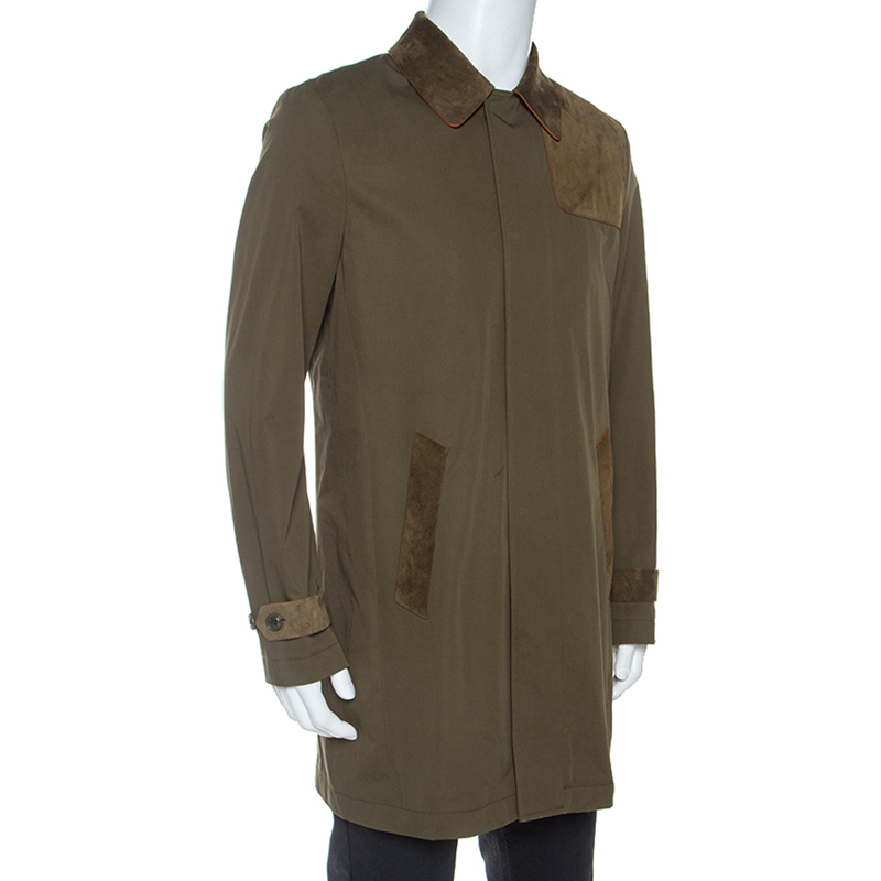 

Etro Military Green Cotton Leather Collared Trench Coat