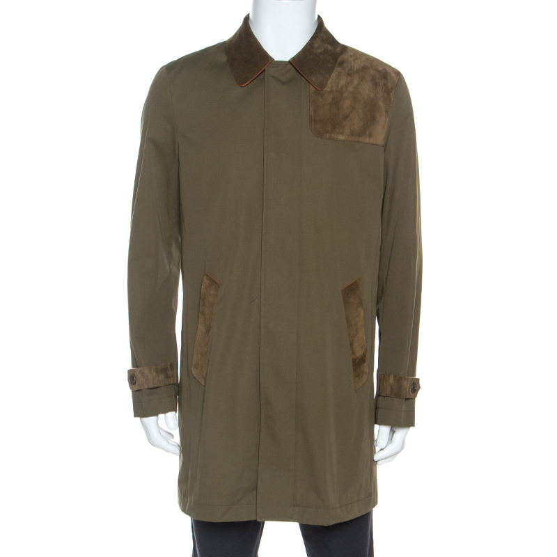 Pre-owned Etro Military Green Cotton Leather Collared Trench Coat L