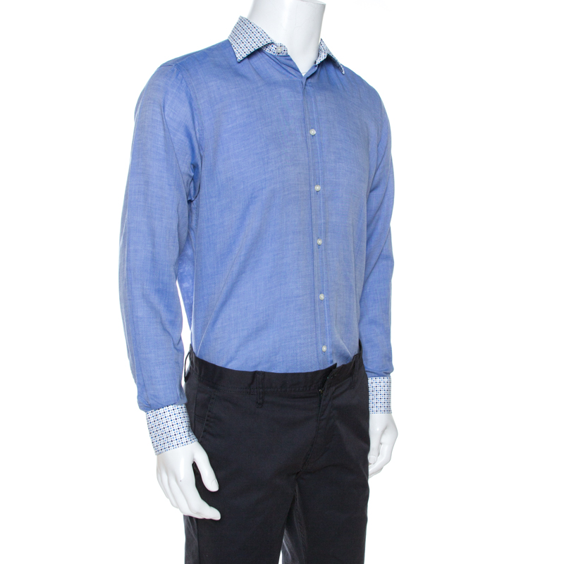 

Etro Blue Chambray Cotton Printed Collar Long Sleeve Shirt