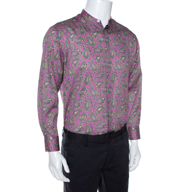 

Etro Pink & Green Paisley Print Cotton Mandarin Collar Shirt