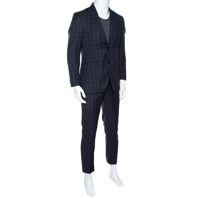 

Etro Navy Blue Check Patterned Wool Tailored Suit
