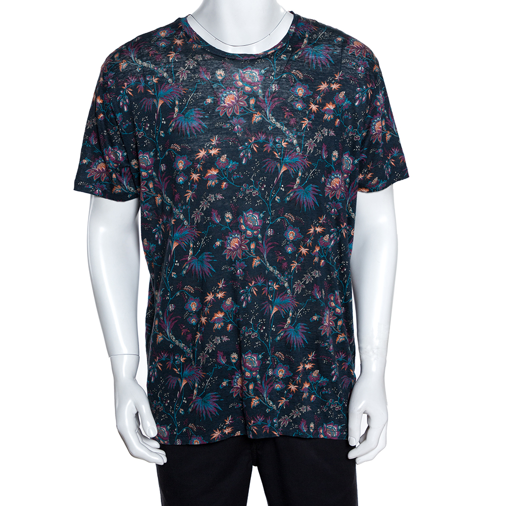 Pre Owned Etro Blue Linen Knit Floral Print T Shirt XL 
