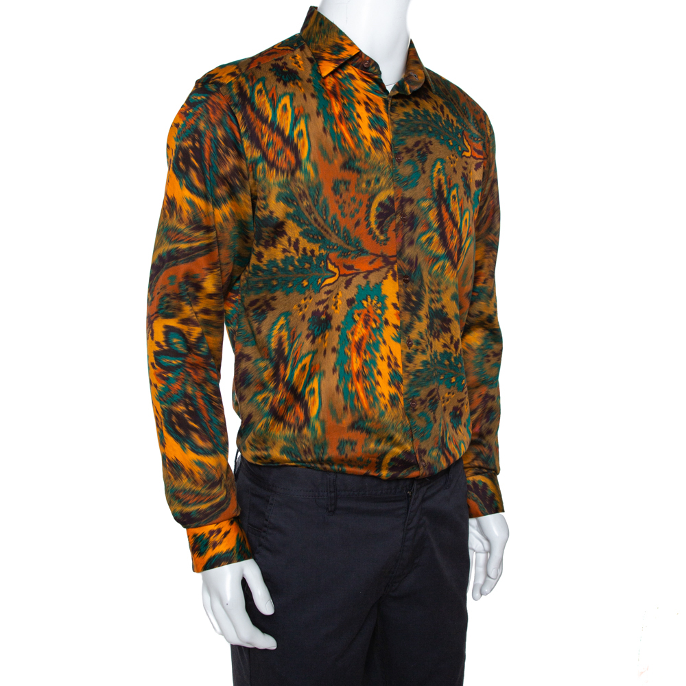 

Etro Mustard Orange Cotton Exploded Paisley Print Button Front Shirt